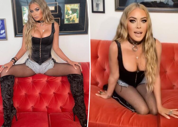 Carmen Electra rocks corset top and fishnet stockings in racy photo shoot