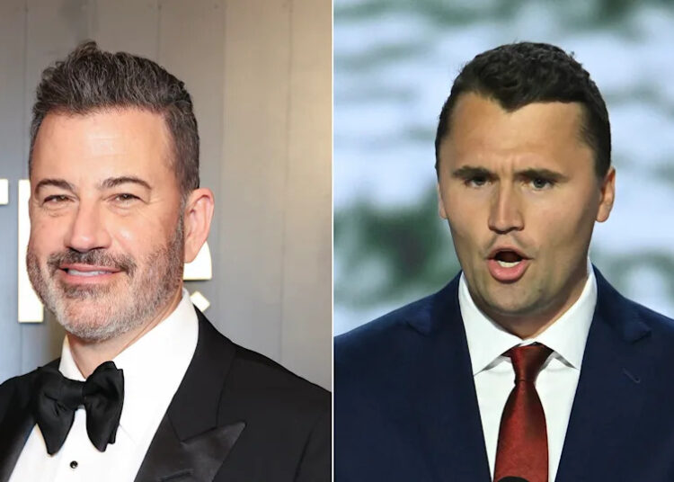 Jimmy Kimmel in a tuxedo on the left; Charlie Kirk in a suit and red tie speaking on the right.