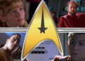 Kirsten Dunst, Kelsey Grammer, Dwayne Johnson and Christian Slater in Star Trek roles around a Starfleet emblem in a composite image