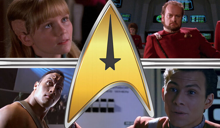 Kirsten Dunst, Kelsey Grammer, Dwayne Johnson and Christian Slater in Star Trek roles around a Starfleet emblem in a composite image