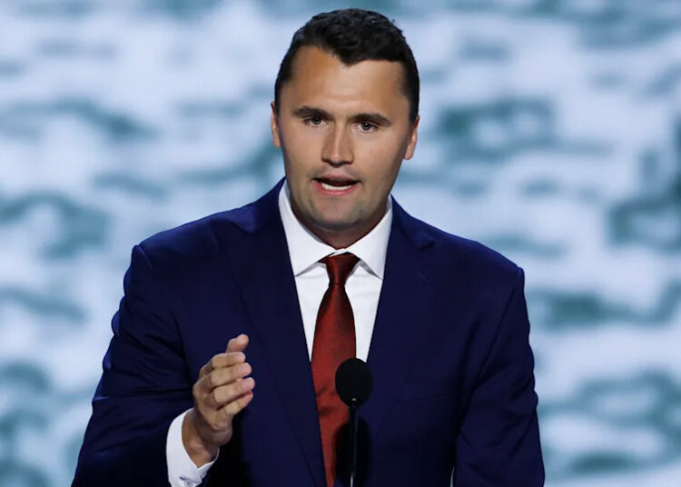 CEO of Turning Point USA Charlie Kirk speaks on stage on the first day of the Republican National Convention at the Fiserv Forum on July 15, 2024 in Milwaukee, Wisconsin.