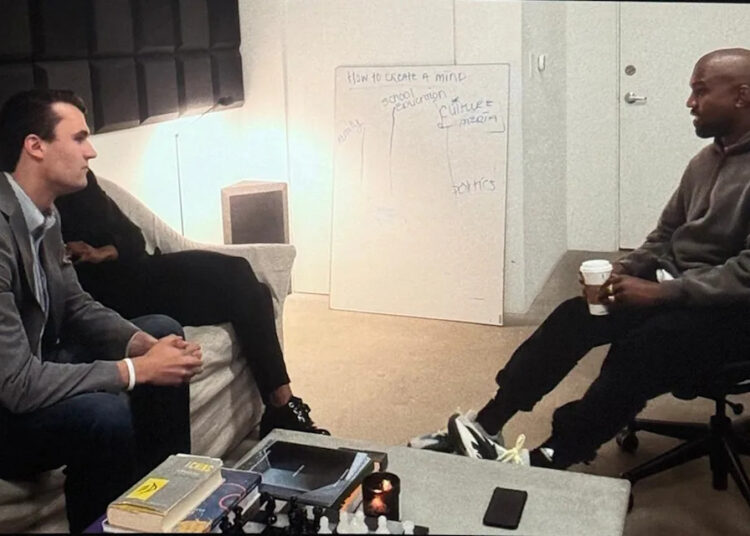 Charlie Kirk and Candace Owens meeting with Kanye West in a scene from ‘In Whose Name?’ (Social media)