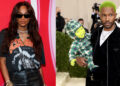 Ciara in a black graphic tee and sunglasses; Frank Ocean with green hair holding a doll at an event.