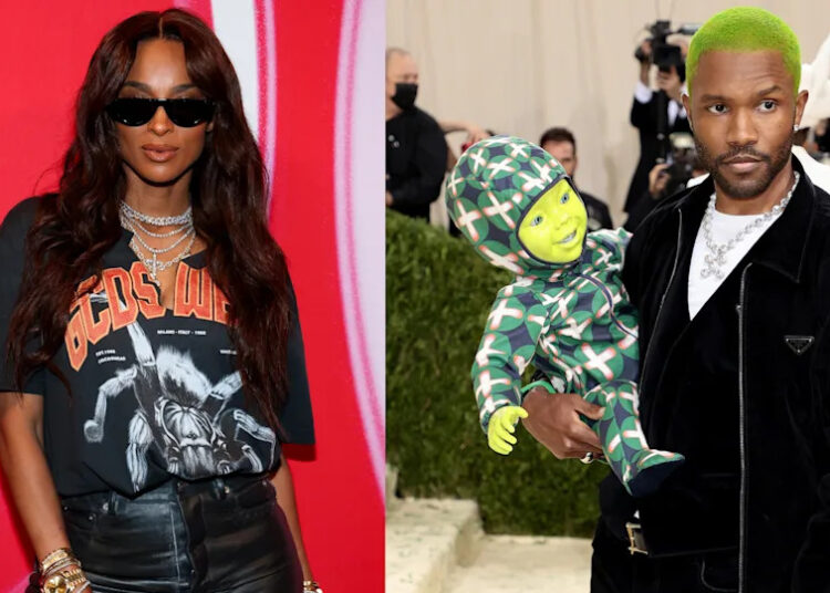 Ciara in a black graphic tee and sunglasses; Frank Ocean with green hair holding a doll at an event.