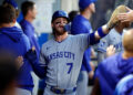 ANAHEIM, CALIFORNIA - SEPTEMBER 23: Bobby Witt Jr. #7 of the Kansas City Royals celebrates a run against the Los Angeles Angels in the first inning at Angel Stadium of Anaheim on September 23, 2025 in Anaheim, California. (Photo by Ronald Martinez/Getty Images)