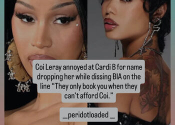 Coi Leray and Cardi B are shown in a split image with text about a comment by Coi Leray regarding Cardi B and BIA.
