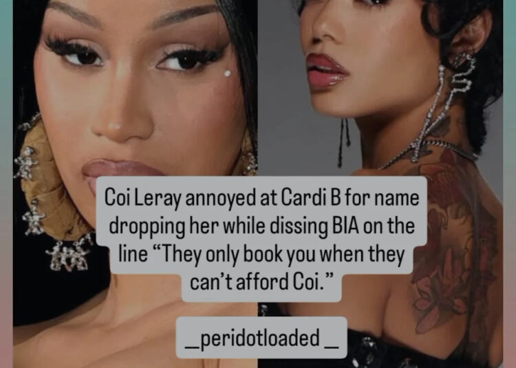 Coi Leray and Cardi B are shown in a split image with text about a comment by Coi Leray regarding Cardi B and BIA.