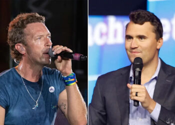 Chris Martin speaks on stage during Coldplay concert, Charlie Kirk holds microphone.