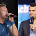 Chris Martin speaks on stage during Coldplay concert, Charlie Kirk holds microphone.