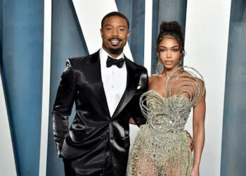 Michael B. Jordan and Lori Harvey attend the 2022 Vanity Fair Oscar Party