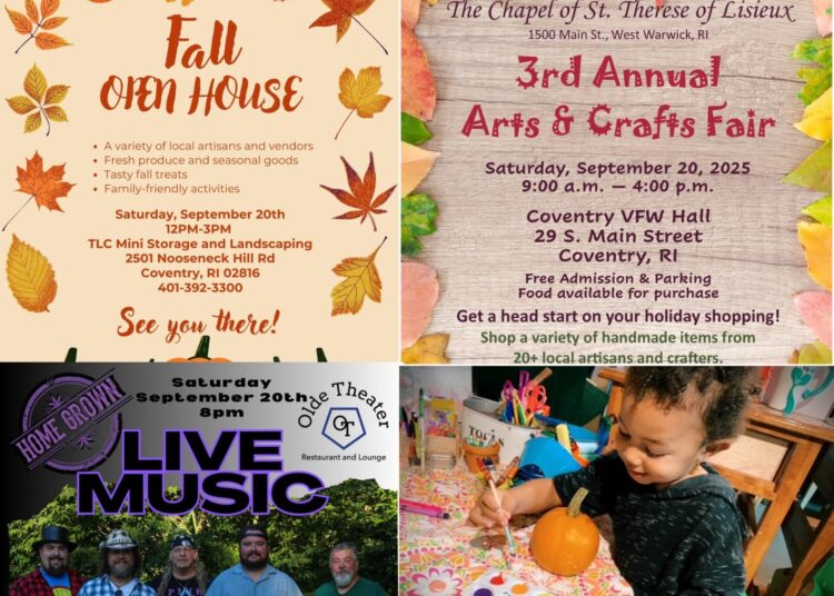[Credit: WP Composite] This week’s Coventry Community Events in Coventry, RI include a fall open house, a fall arts and crafts fair, Home Grown at OTD, and pumpking painting at Fairview Gardens.