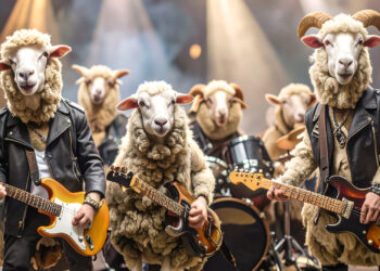 A heavy metal band whose members are sheep - generated with Adobe Firefly AI