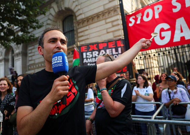 British actor Khalid Abdalla speaks out against war in Gaza during a pro-Palestinian protest outside Downing Street, London.