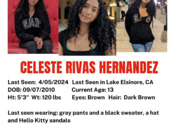 A missing person poster for Celeste Rivas Hernandez, age 13, last seen in Lake Elsinore, CA on 4/05/2024. Contact Officer Contreras.