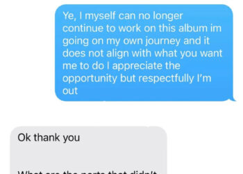 Screenshot of a text conversation. One person says they can't work on an album and is going on their own journey. The reply asks what didn't align.