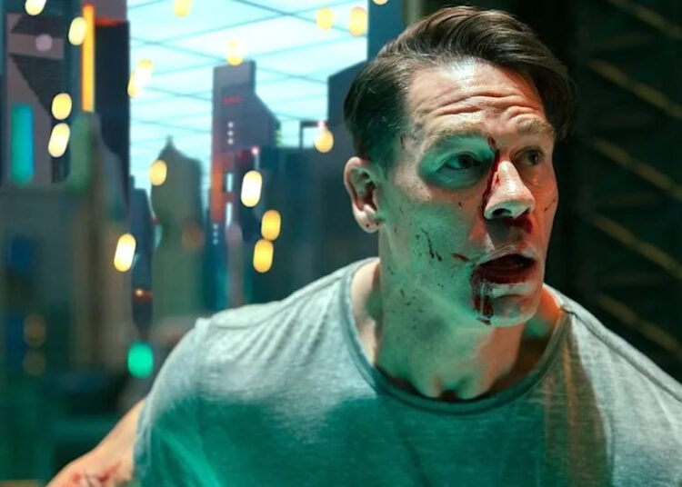 A bloodied John Cena inside the Quantum Unfolding Chamber on Peacemaker