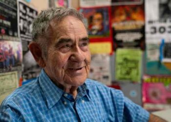 Owner Timeo Correa poses for a portrait at Timeo's Theater Bar before opening for First Friday Art Walks put on by Denver's Art District on Santa Fe, Friday, June 7, 2024, in Denver. Correa has owned the Aztlan Theatre for over 50 years. (Rebecca Slezak/Special to The Denver Post)