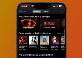 An iPhone showing the iTunes homepage with Taylor Swift's new album, The Life of a Showgirl, for pre-order
