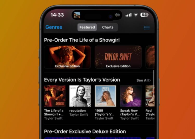 An iPhone showing the iTunes homepage with Taylor Swift's new album, The Life of a Showgirl, for pre-order