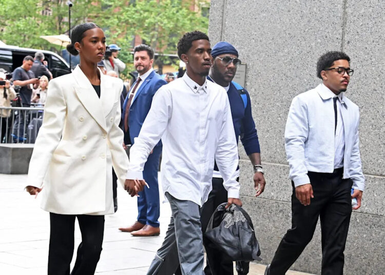 Jessie, King and Justin Combs,(L to R) among other family members and former partners arriving in Federal Court in lower Manhattan to attend the trial of Sean Diddy Combs - P Diddy - who is on trial for charges that include racketeering and allegations the hip-hop pioneer was the leader of a sex crime ring that included drug-fueled sex parties by use of force, threats and violence.