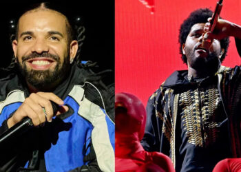 Drake smiling in a blue and black jacket; The Weeknd performing with a microphone, wearing a black and gold outfit.