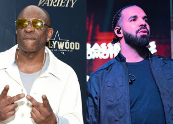 Two images: Dennis Rodman in a white jacket and sunglasses, making a peace sign; Drake performing in a black jacket with braided hair.