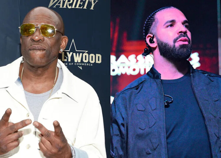 Two images: Dennis Rodman in a white jacket and sunglasses, making a peace sign; Drake performing in a black jacket with braided hair.