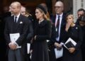 Prince William with Princess Kate and Duchess Sophie blowing a kiss at Duchess of Kent's funeral