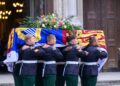 The coffin of Katharine, the Duchess of Kent, is carried into Westminster Cathedral