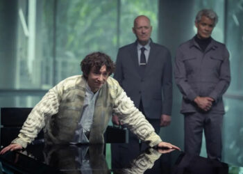Samuel Blenkin, Ade Edmondson, and Timothy Olyphant in 'Alien: Earth'
