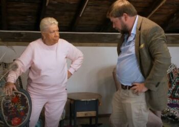 Laila Morse and Angus Ashworth hunt for bargains in Devon on Celebrity Antiques Road Trip