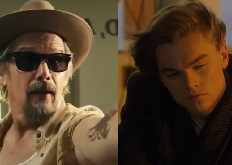 Ethan Hawke wearing a hat and sunglasses in FX's series "The Lowdown," Leonardo DiCaprio's Jack Dawson in Titanic. .