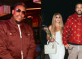 Paul Pierce in a maroon jacket and sunglasses on the left. French Montana in a red jacket, holding hands with Dubai Princess Sheikha Mahra holding flowers on the right.