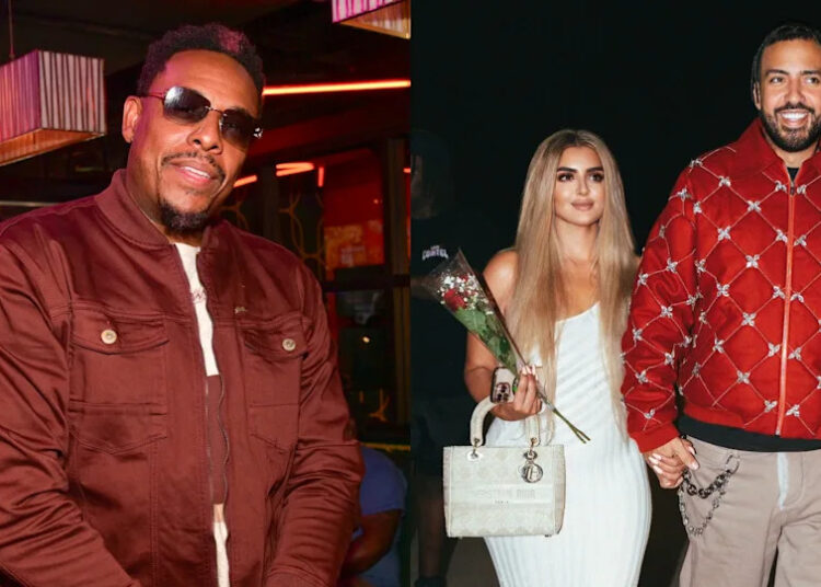 Paul Pierce in a maroon jacket and sunglasses on the left. French Montana in a red jacket, holding hands with Dubai Princess Sheikha Mahra holding flowers on the right.