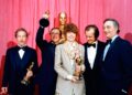Diane Keaton (centre) wearing an Armani men's suit jacket at the 1978 Academy Awards. Pic: AP