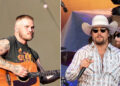 Zach Bryan strums a guitar while Gavin Adcock sings on stage.