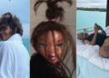 (L) Halle Berry in a robe standing in front of water. (Center) Bratz doll messy hair meme. (R) Van Hunt laying on a bed.