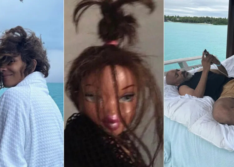 (L) Halle Berry in a robe standing in front of water. (Center) Bratz doll messy hair meme. (R) Van Hunt laying on a bed.