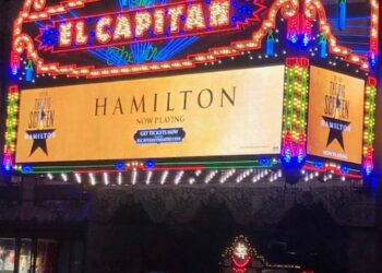 "Hamilton" lights up the marquee at El Capitan Theatre.