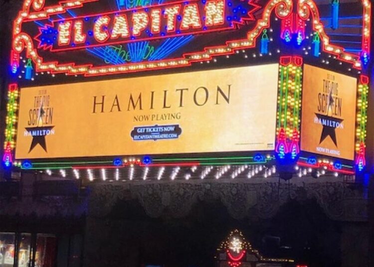 "Hamilton" lights up the marquee at El Capitan Theatre.