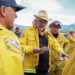 Filmmaker Paul Greengrass, center, during the filming of "The Lost Bus." His goal was to make escaping the 2018 Camp Fire an immersive experience. (Melinda Sue Gordon/Associated Press)