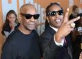 Denzel Washington (left) and A$AP Rocky pose at the New York premiere of Spike Lee's "Highest 2 Lowest."