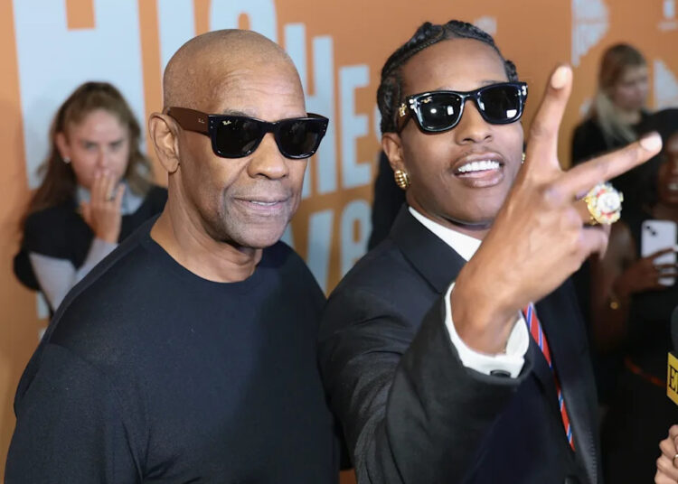 Denzel Washington (left) and A$AP Rocky pose at the New York premiere of Spike Lee's "Highest 2 Lowest."