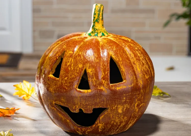 Rustic 14 Inch Terracotta Jack O Lantern Pumpkin For Halloween Decor