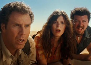 Will Ferrell, Anna Friel, and Danny McBride in <em>Land of the Lost</em> (2009).