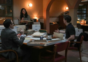 THE RAINMAKER -- Episode 106 -- Pictured: (l-r) P.J. Byrne as Deck Shifflet, Lana Parrilla as Jocelyn "Bruiser" Stone, Milo Callaghan as Rudy Baylor -- (Photo by: Christopher Barr/USA Network)