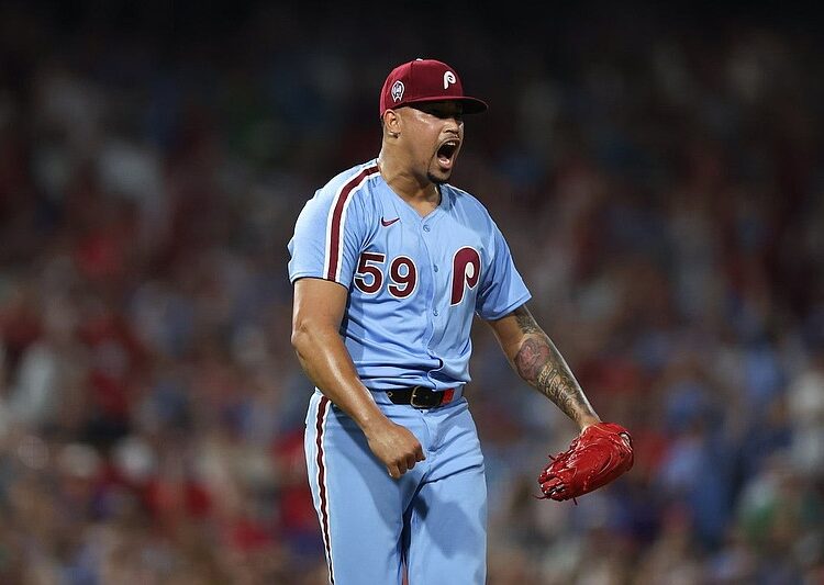 Sep 11, 2025; Philadelphia, Pennsylvania, USA; Philadelphia Phillies pitcher Jhoan Duran (59) reacts after a strike out to end the game with a win against the New York Mets at Citizens Bank Park. Mandatory Credit: Bill Streicher-Imagn Images