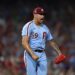Sep 11, 2025; Philadelphia, Pennsylvania, USA; Philadelphia Phillies pitcher Jhoan Duran (59) reacts after a strike out to end the game with a win against the New York Mets at Citizens Bank Park. Mandatory Credit: Bill Streicher-Imagn Images