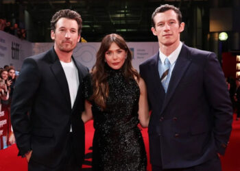 Miles Teller, Elizabeth Olsen and Callum Turner attend the premiere of Eternity during the 2025 Toronto International Film Festival at Roy Thomson Hall on September 07, 2025.