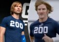 An image collage containing 2 images, Image 1 shows CHAD POWERS, Glen Powell, (Season 1, premiered Sept. 30, 2025). photo: DJ Delgado / ©Hulu/Disney / Courtesy Everett Collection, Image 2 shows Eli Manning as Chad Powers